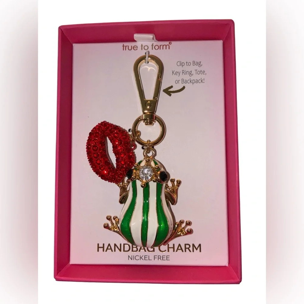 TRUE TO FORM Striped Frog and Red Crystal Lips Keychain or Bag Charm NEW NWT